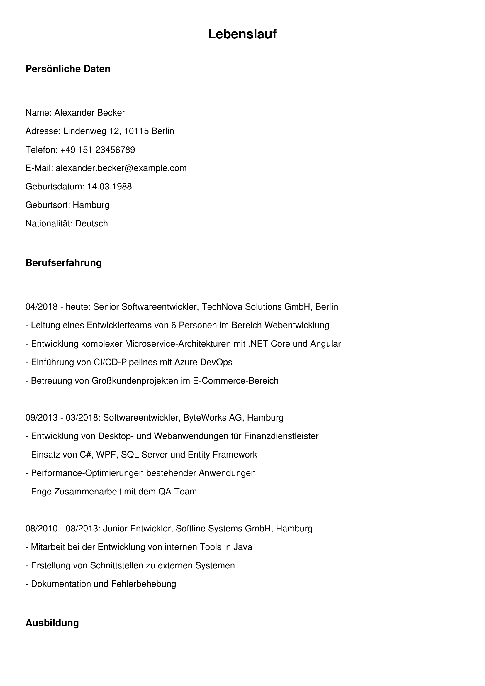 Vorher: Roher Lebenslauf ohne Formatierung